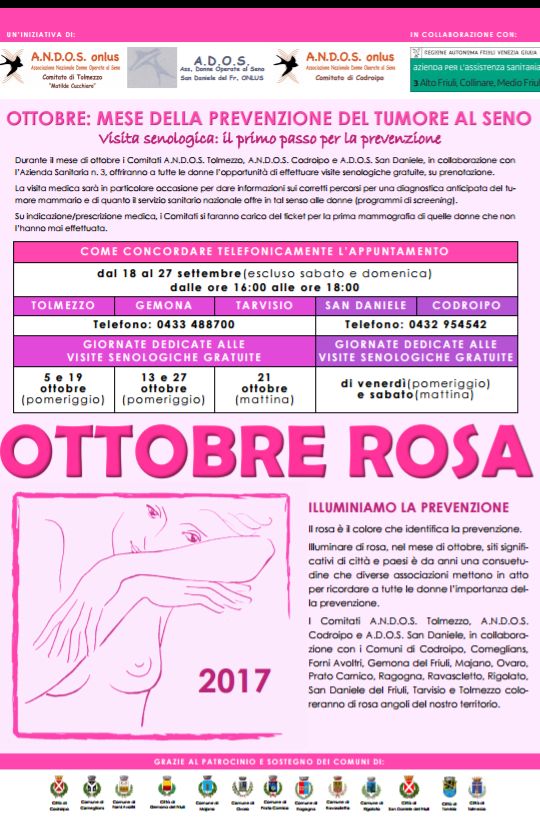 TUMORE AL SENO: OTTOBRE, mese della prevenzione a cura dell’ANDOS di Codroipo, Tolmezzo, San Daniele Friuli (UD)